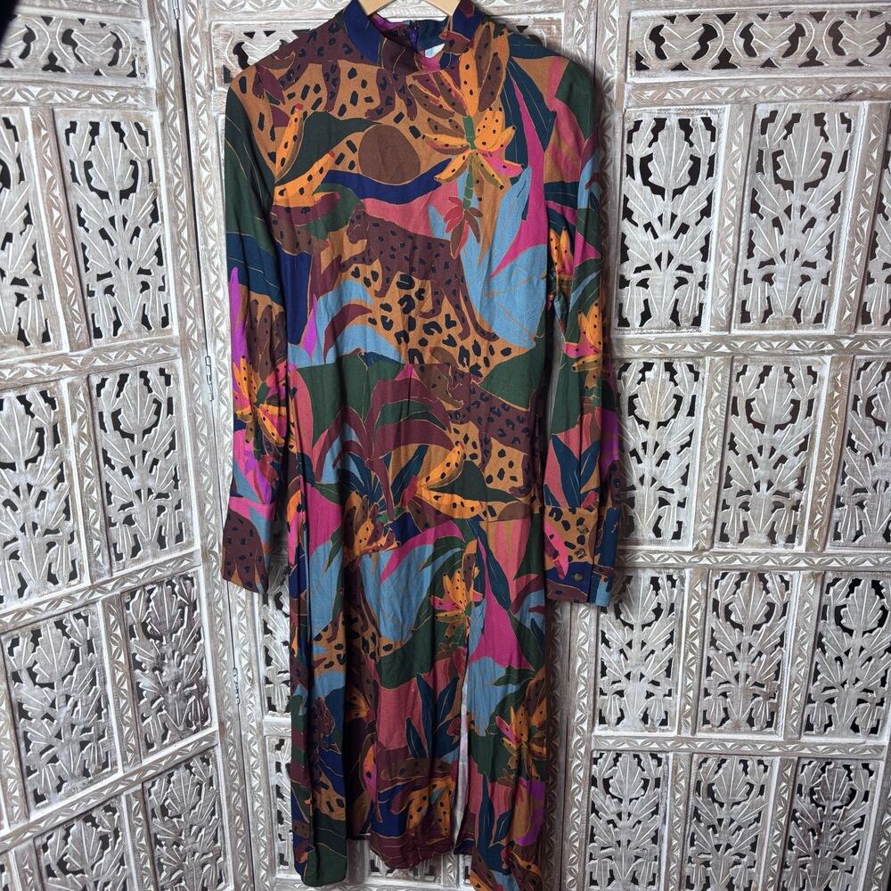 Farm Rio Leopards Jungle Dark multi Color Mock Neck Midi Dress Womens SZ Medium